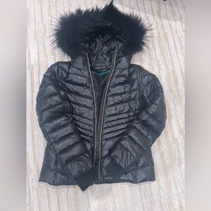 Andrew Marc Shiny down Puffer Coat with real fur trim.